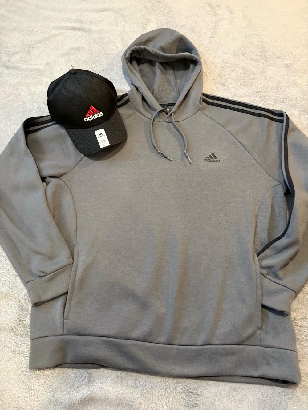 adidas Gray Pullover Hoodie with Black Stripe Accents and Coordinating Black Cap